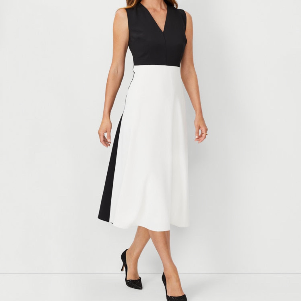 Never Worn! Petite Colorblock V-Neck Midi Flare Dress